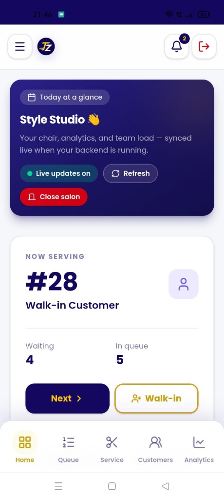 TrimeZone owner app — live queue and walk-ins